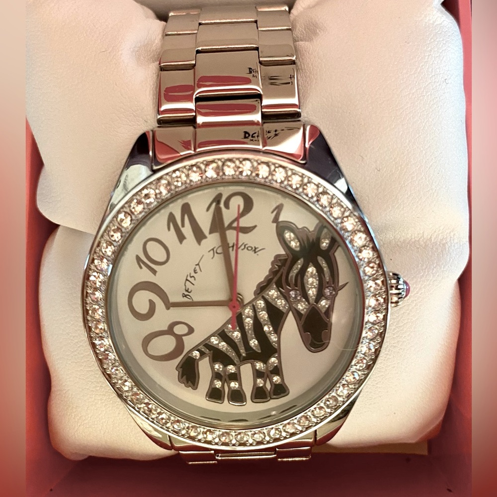 Betsy Johnson Silver Watch with crystal accented zebra🦓